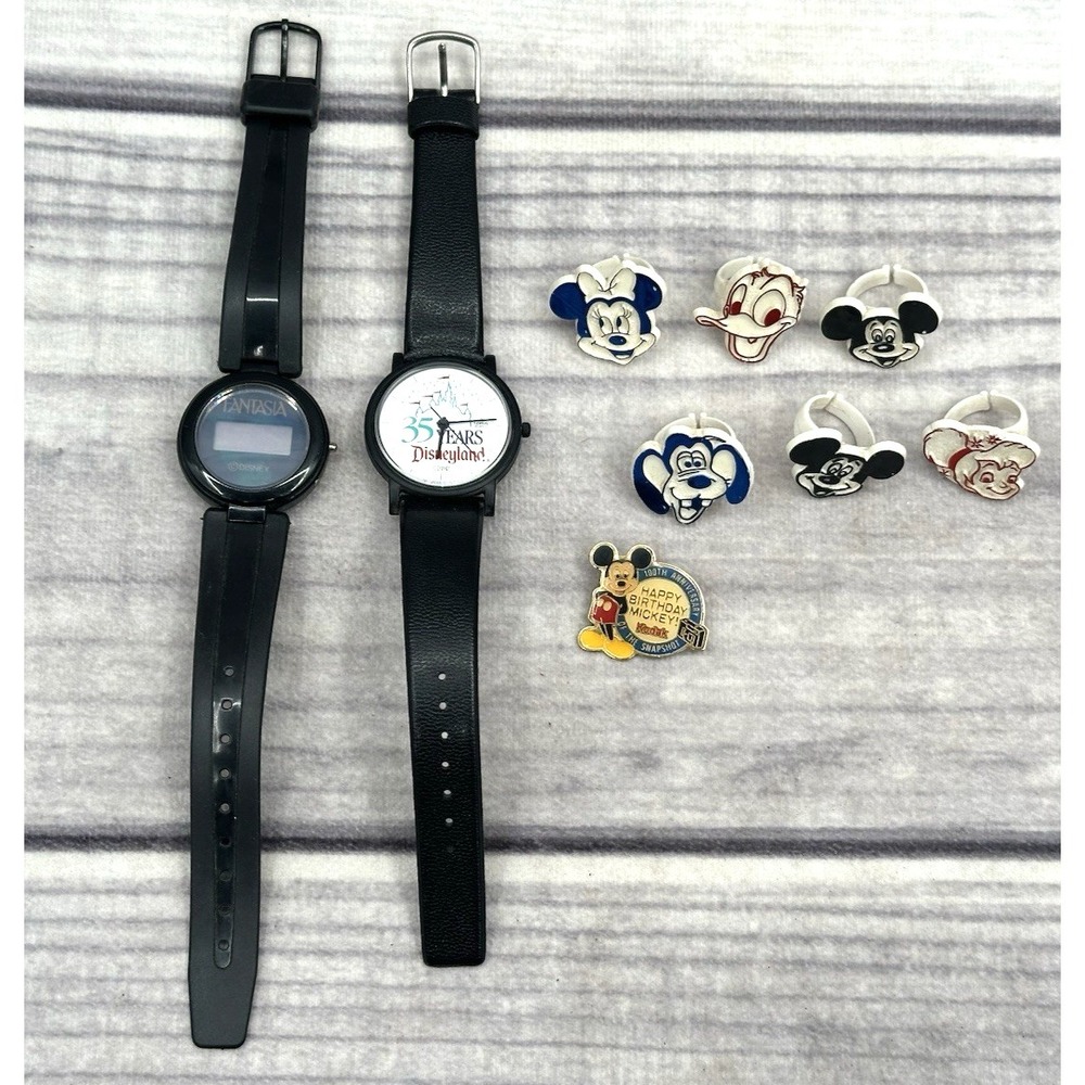LOT OF VINTAGE DISNEY COLLECTIBLES -90'S‎ WATCHES/70'S PLASTIC RINGS/MICKEY PIN